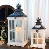 JHY DESIGN Set of 2 White Wood Decorative Candle Lanterns 21.5"&14" High Metal Lanterns for Indoor Outdoor Events Parities and Weddings Vintage Style Hanging Lantern (White Wood, Antique Grey Metal)
