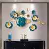 sawsile Wall Clock for Living Room Decor,46.1 Inch Large Metal Wall Watch Clock Art Design Ginkgo Leaf Clock (Gold&Navy Blue)