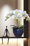 Faux Orchids Artificial Flowers with Porcelain Vase Large Fake Silk Orchids in Vase Indoor Dining Table Office Desk Decor
