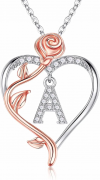 Iefil Rose Heart Necklaces Gifts for Women,925 Sterling Silver Rose Love Heart Initial Letter Pendant Necklace Jewelry Mothers Day Valentines Anniversary Birthday Gifts for Her Mom Wife Girlfriend