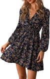 V Neck Floral Mini Dress Long Sleeve