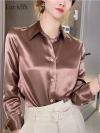 Buy Office Lady Work Shirt Women Blouse Turn-Down Collar Long Sleeve Shirts Real Silk Women's Satin Blouses Tops Solid