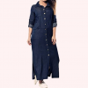 Buy Casual Button Down Denim Maxi Dress Lapel Long Sleeve Long Jean Dresses with Pockets
