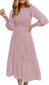 Buy Pasgreson Women's Casual Long Sleeve Crewneck Smocked Boho Dress High Waist A-Line Ruffle Frill Tiered Swing Midi Dress