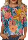 Buy Womens Summer Tops Casual Pullover Tees Crewneck Slim Landscape Painting Pattern Tunic 3/4 Sleeve Fit Blouses