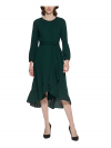 Buy Jessica Howard Womens Green Zippered Pleated Lined Self Tie Waist Long Sleeve Round Neck Tea-Length Hi-Lo Dress Petites 6P