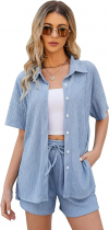 Buy Flygo Womens 2 Piece Casual Outfits Summer Pleated Short Sleeve Top and Set Button Down Shirt Y2K