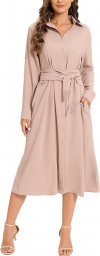 Buy Women's Casual Flowy Tie Waist Button Down Long Sleeve Midi Shirt Dress