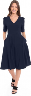 Buy Women's Stretch Crepe Elbow Sleeve V-Neck Fit and Flare Midi Dress, Twilight Navy