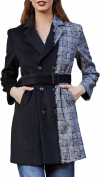 Buy S·DEER Womens Coat with Plaid Patch Style, Wool Blend Winter Coat, Mid-Length Belted Notched Lapel Collar Coat