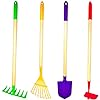 JustForKids Kids Garden Tool Set Toy, Rake, Spade, Hoe and Leaf Rake, reduced size , made of sturdy steel heads and real wood handle