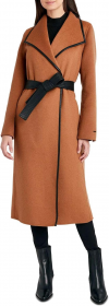 Buy TAHARI Women's Black Juliette Double Face Wool Belted Coat with Faux Leather Trim Caramel
