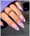 Secret Lives Premium Glossy Reusable Artificial Light Pink Color with white & purple Flower and Stripes Fake False Press on nails